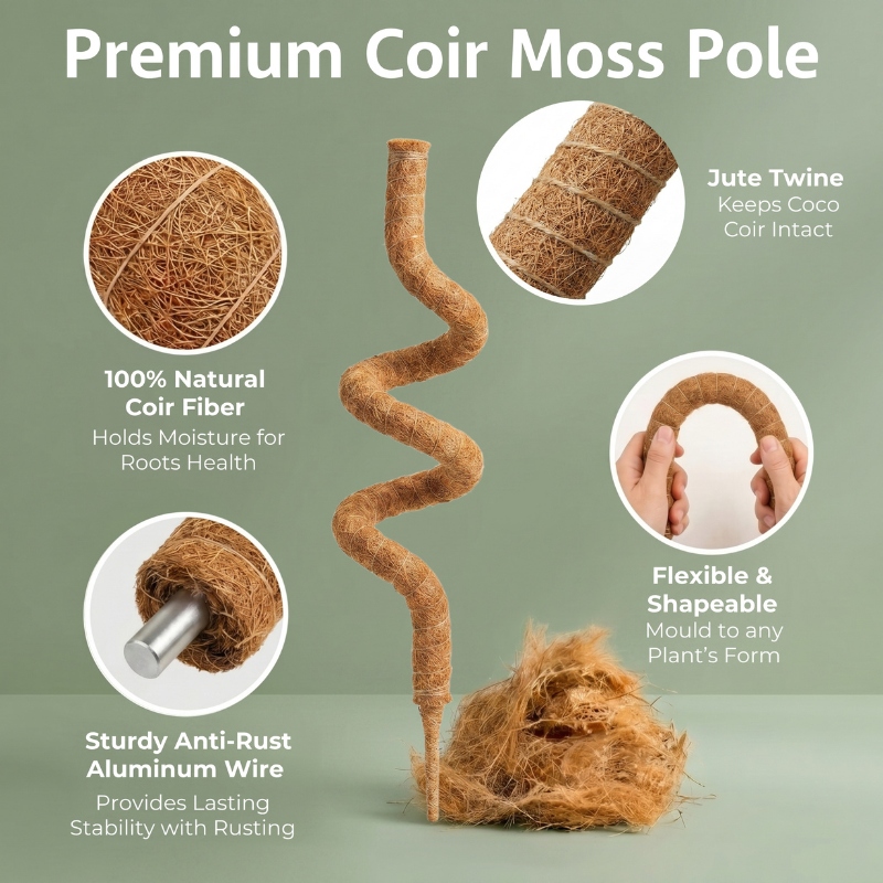 Premium Coir Moss Pole Infographic showing callouts for Jute Twine, 100% Natural Coir Fiber, Flexible Aluminum Core, and Rust-Free stability